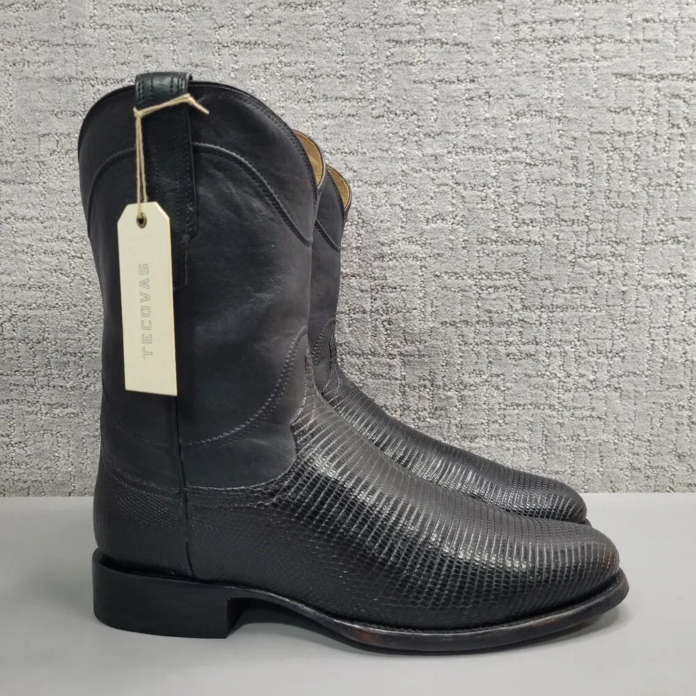 Tecovas The Earl Mens Size US 12.5D Obsidian Lizard Leather Pull-On Roper Boots